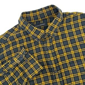 Banana Republic Mens Flannel Shirt L Slim Fit Plaid‎ Teal Yellow Button Down